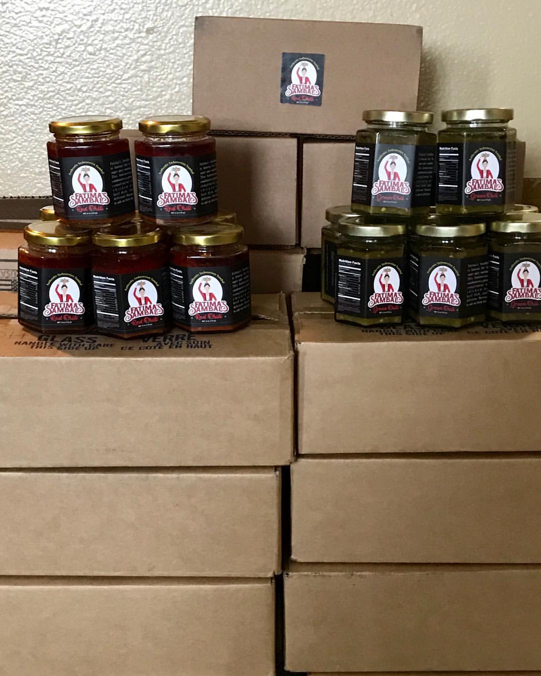 Boxed jars of Fatima's Sambal ready to ship